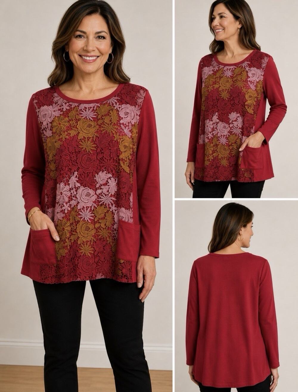 LOGO Lori Goldstein French Terry tunic top floral lace Size Large Cottage Core
